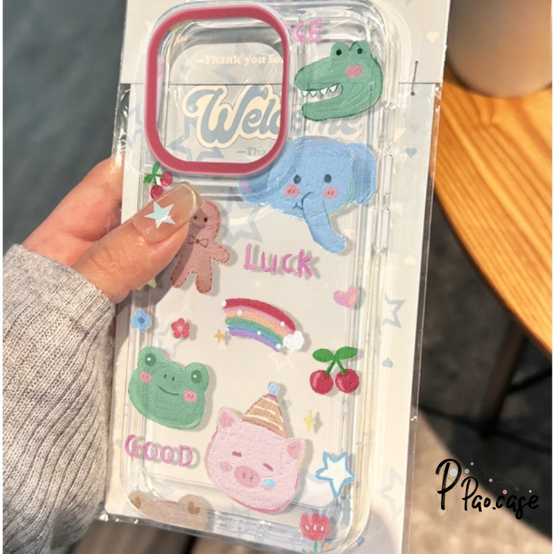 เคส IPhone 12 15 11 13 14 Pro Max X XS Max XR 6 6s 7 8 Plus SE 2020 เคสลายการ์ตูนสัตว์น่ารักสีรุ้งเชอร์รี่
