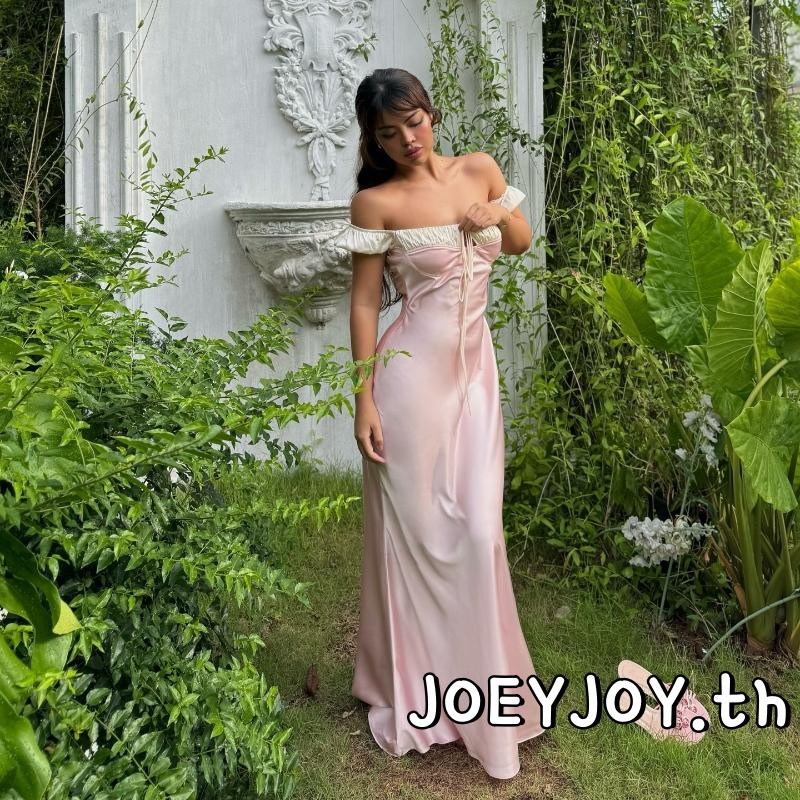 Joeyjoy-เดรสเปิดไหล่ผู้หญิงสีตัดกันเดรสปาร์ตี้แขนยาวแขนสั้น