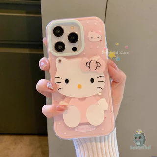 KT Mirror Casing + Lanyard Compatible for iPhone 11 16 XR 15 14 13 12 Pro Max X Xs Max 7 8 6 6s Plus Kitty Case การ์ตูนน่ารักลูกแมวเคสโทรศัพท์ + Chain Soft Silicon Protective Clear Cover