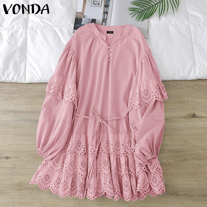 Vonda ผู้หญิงเกาหลี Hollow เย็บปักถักร้อยแขนโคมไฟ Cinched เอว V คอ Ruffle Edge กระโปรง — صورة 6