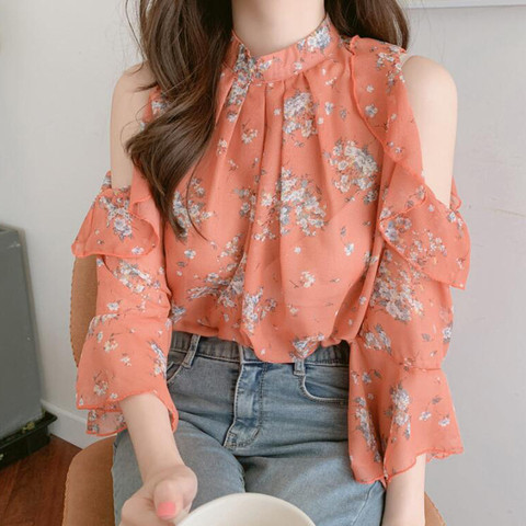 ชุดเสื้อเชิ้ตลายดอกไม้ขนาดเล็กสไตล์ฝรั่งเศสสำหรับผู้หญิง ดีไซน์ฤดูร้อน ปกปิดหน้าท้อง แขนหลุด เสื้อชีฟองแฟชั่นหวาน ที่ต้องมีสำหรับผู้หญิง 85JU