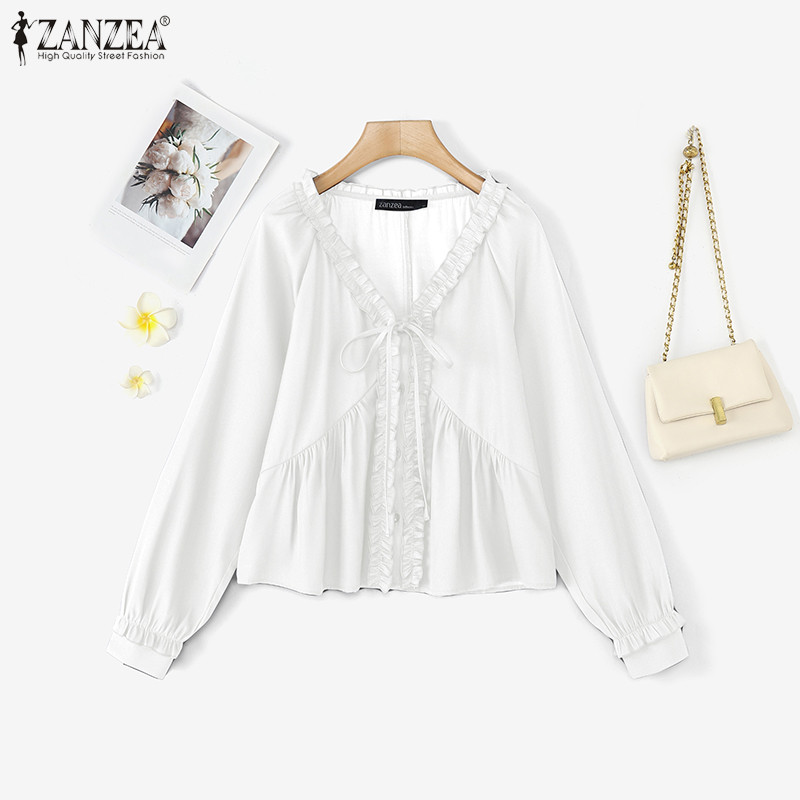 Zanzea เสื้อเบลาส์เดนิมอัดพลีทแขนยาวคอวีเกาหลีสําหรับผู้หญิง — صورة 6