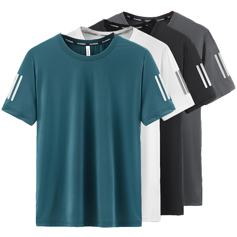 (45-125KG)Sporty Summer Mens T-Shirt With Ice Silk Cooling – Large Size Quick-Dry Round Neck