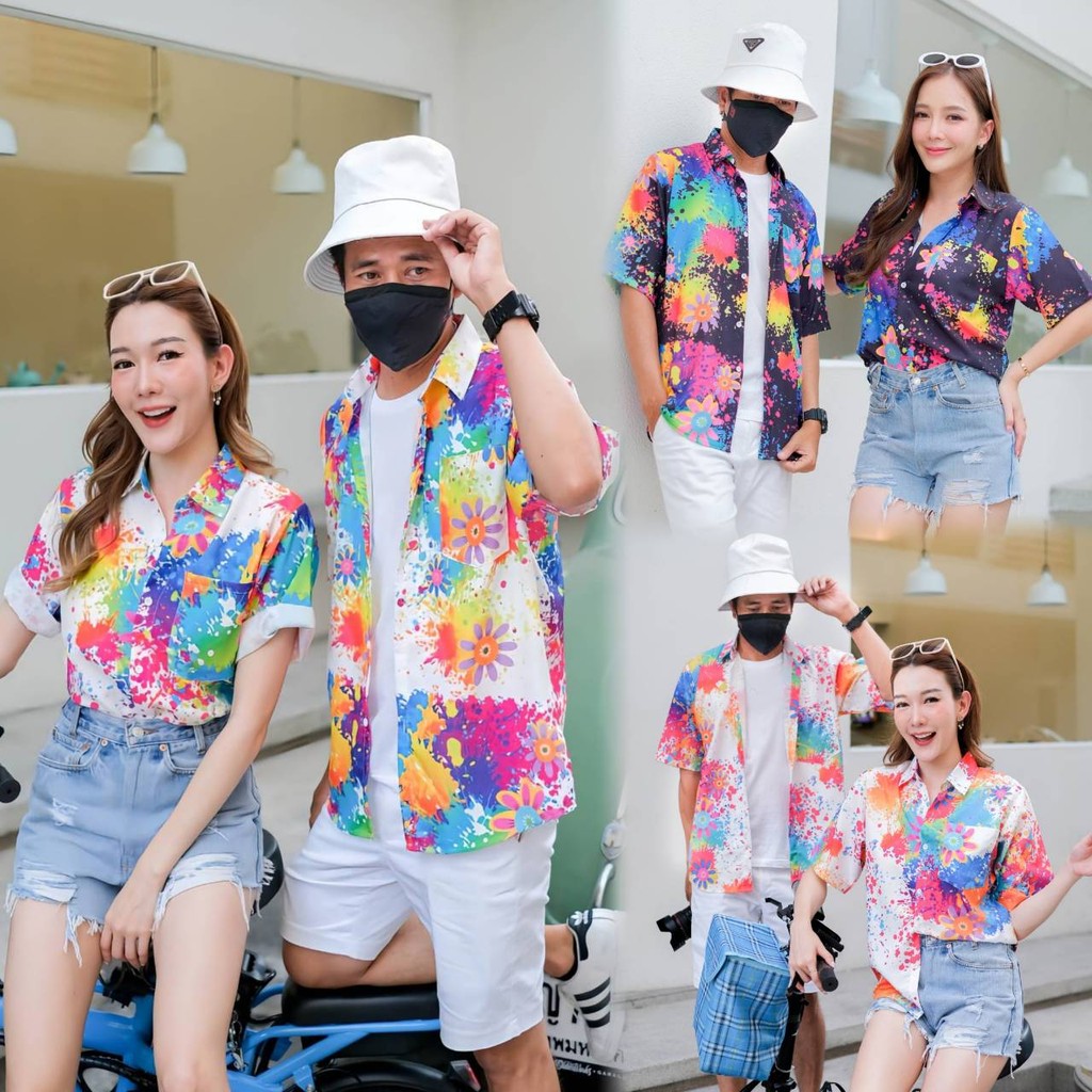 PINKเสื้อฮาวาย2026 สาดสี สีสด ทรงวัยรุ่น ใส่ได้หญิงชาย ผ้าโพลีเอสเตอร์ ใส่สบาย ผ้าไม่ยืดแนะนำเผื่อไซส์