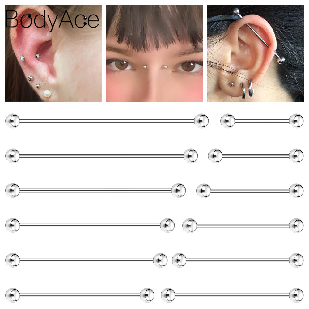 Bodyace 1 ชิ้น แนวตั้ง สะพาน เจาะ สเตนเลส อุตสาหกรรม บาร์เบล สตั๊ด สีเงิน บอลคู่ เจาะ หล่น