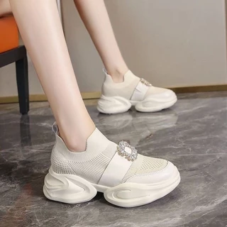 พร้อมส่งจากไทย TX531 รองเท้ากีฬาลําลอง พื้นหนา 5CM ประดับเพชรเทียม เข้ากับทุกการแต่งกาย สไตล์เกาหลี สําหรับผู้หญิง