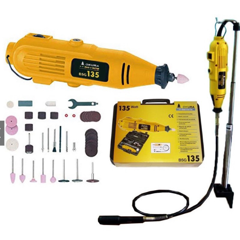 okura เจียรสายอ่อน BSG135 พร้อมอุปกรณ์ 42ชิ้น มีเสาแขวน เครื่องเจียร แกน 3 มิล เจียรนัยสายอ่อน เครื่