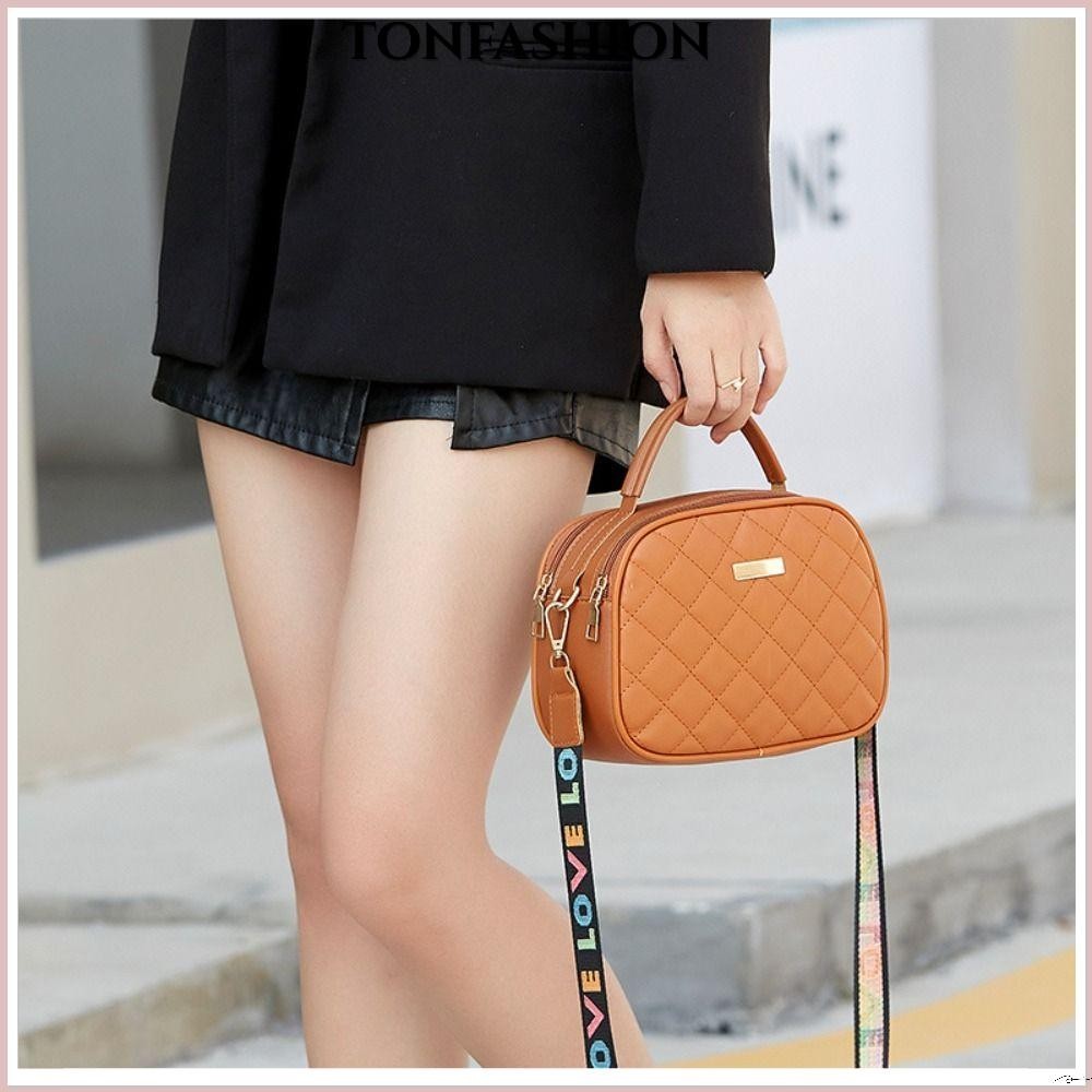 Tonfashion กระเป๋าสะพายไหล่ สะพายข้าง หนัง PU ใบเล็ก ปักลาย มีซิปคู่ สีพื้น แฟชั่นสําหรับสตรี