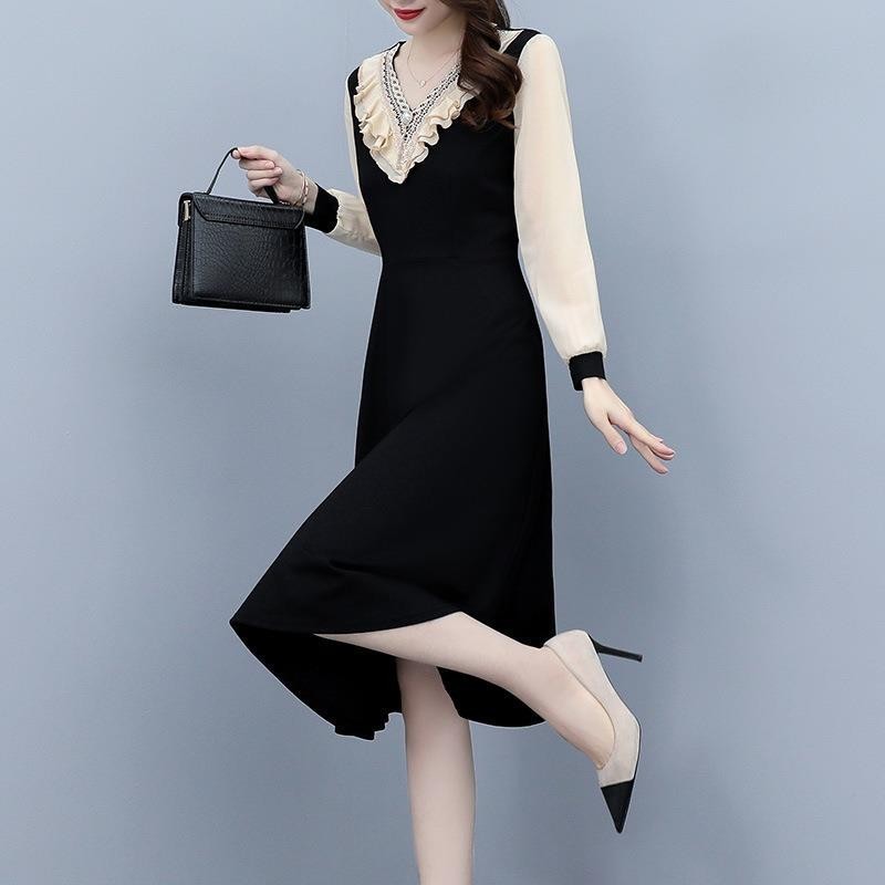 เวอร์ชั่นเกาหลีแฟชั่นสไตล์ตะวันตกลดอายุลําลองหลวมปกท้องทุกการแข่งขันขนาดบวกไขมัน mmv คอแขนยาวชุดเย็บ