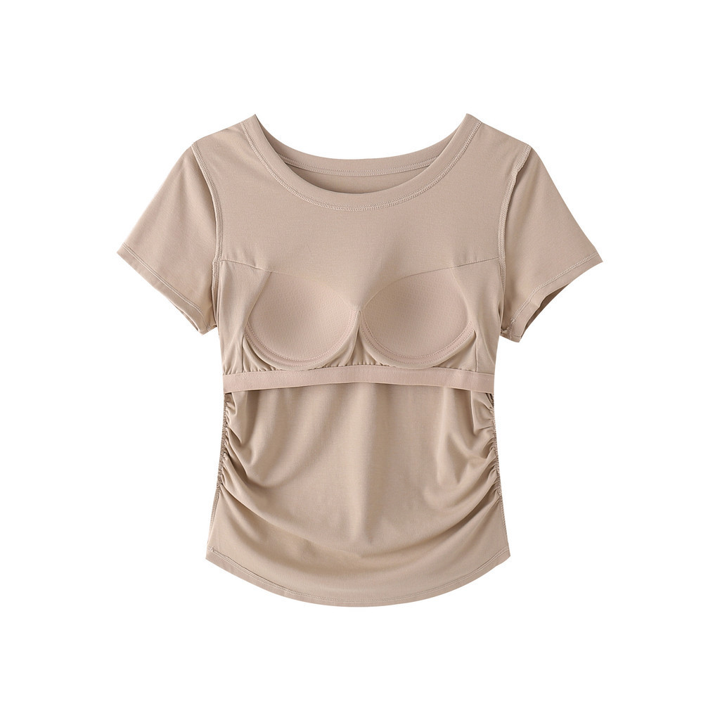 เสื้อครอปท็อป คอกลม แขนสั้น เสริมฟองน้ํา พรีเมี่ยม สําหรับผู้หญิง