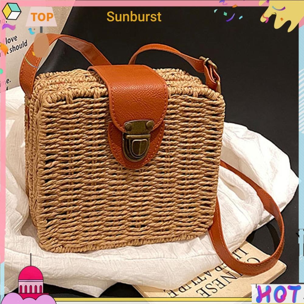 [Sunburst11.th] กระเป๋าสะพายข้างสานมือ สานด้วยสาน ลําลอง ชายหาด สีน้ําตาลอ่อน สําหรับผู้หญิง