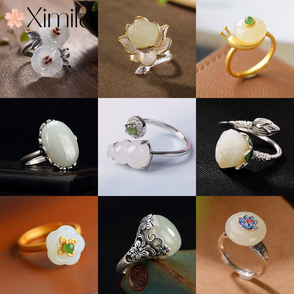 ⭐ เครื่องประดับ แหวนหยกธรรมชาติ รูปดอกบัว สีขาว แบบเรียบง่าย สไตล์เรโทร สําหรับผู้หญิง