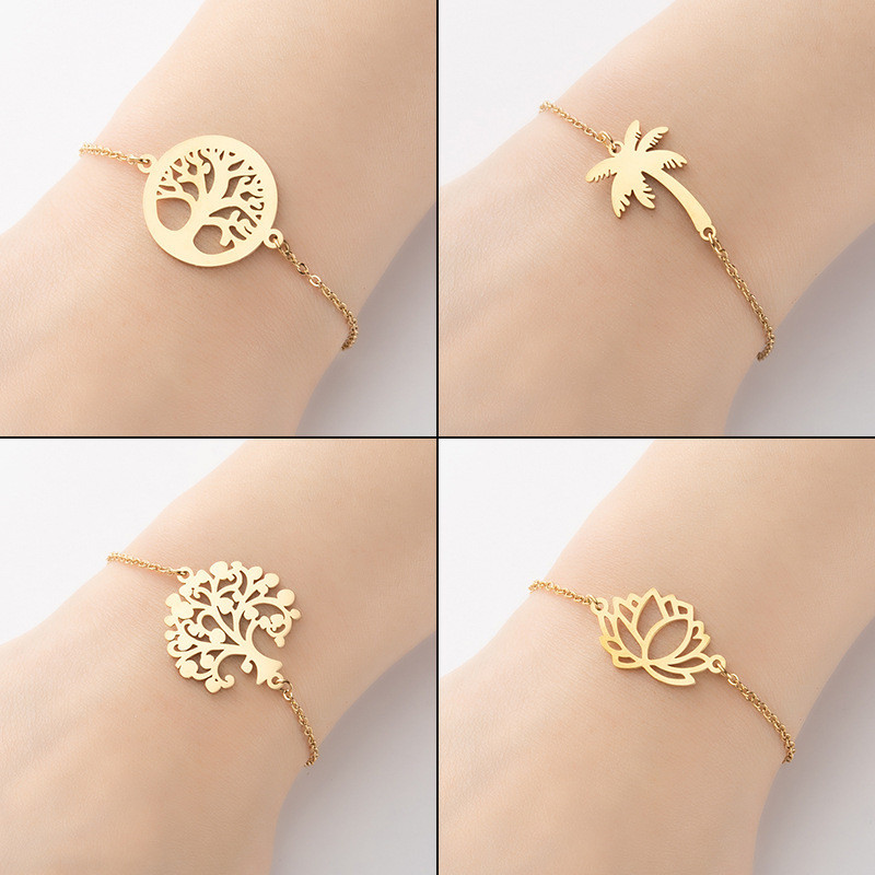 สร้อยข้อมือสเตนเลส จี้ต้นมะพร้าว และดอกบัว แบบเรียบง่าย แฟชั่นคู่รัก สําหรับผู้ชาย และผู้หญิง