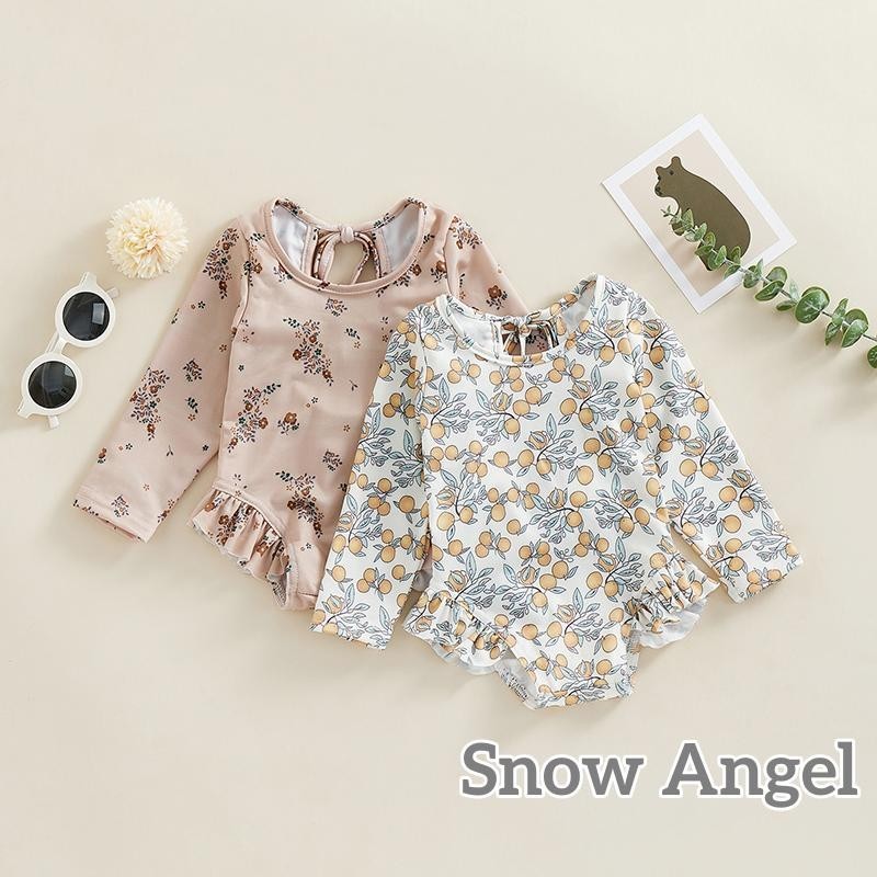 Kids Girl ชุดว่ายน้ําฤดูร้อนพิมพ์ลายดอกไม้แขนยาว Ruffles Jumpsuit ชุดว่ายน้ํา Beachwear ชุดว่ายน้ํา