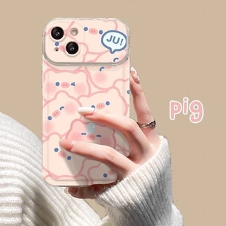 สำหรับ iPhone 11 15 14 13 12 Pro MAX 8 14 Plus XS MAX Sleeping Piggy Milk Tea Piggy Pattern เคสโทรศัพท์ฝาพับเคสไอโฟนคู่