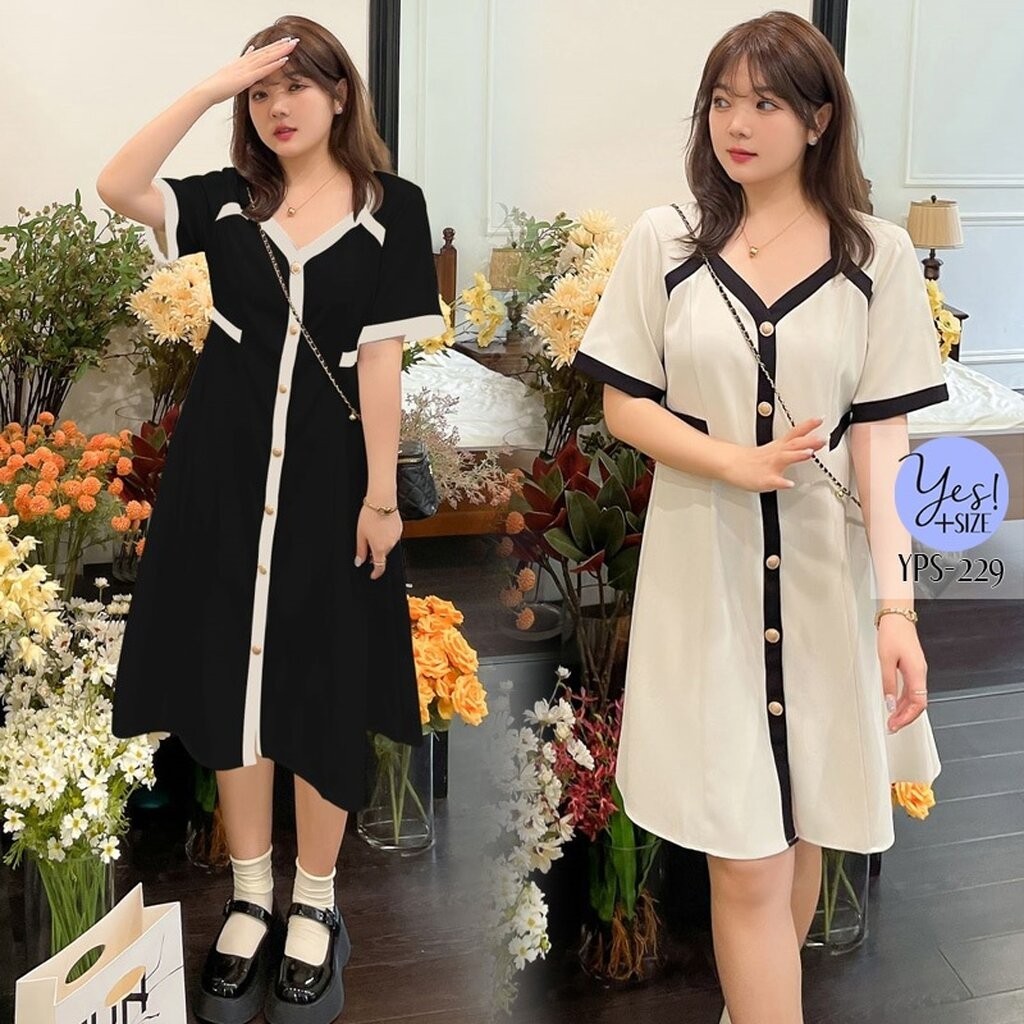 ชุดเดรสสาวอวบ อก 38-50 นิ้ว เดรสคอวี แต่งขอบเส้นกระดุมทอง สีครีม/ดำ (มีแบบสั้น/ยาว) YPS-229