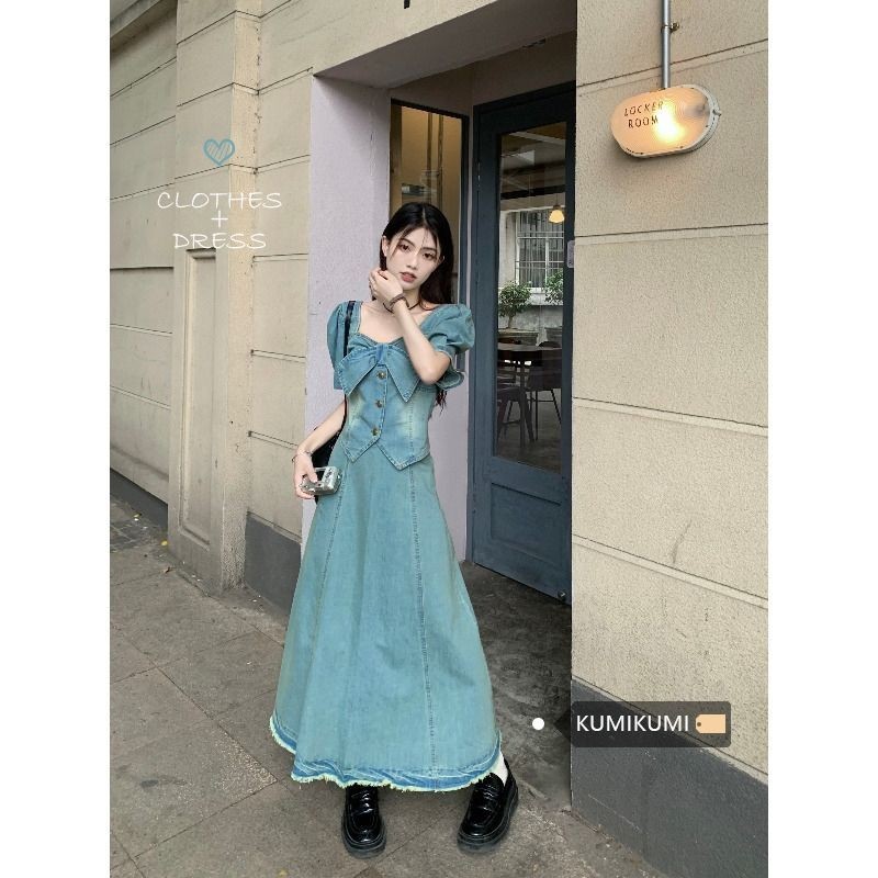 ชุดเสื้อเชิ้ตยีนแขนสั้น คอสี่เหลี่ยม กระโปรงยาว สองชิ้น สไตล์ฮ่องกง เรโทร แฟชั่นฤดูร้อน สําหรับผู้หญิง - รูปที่ 4