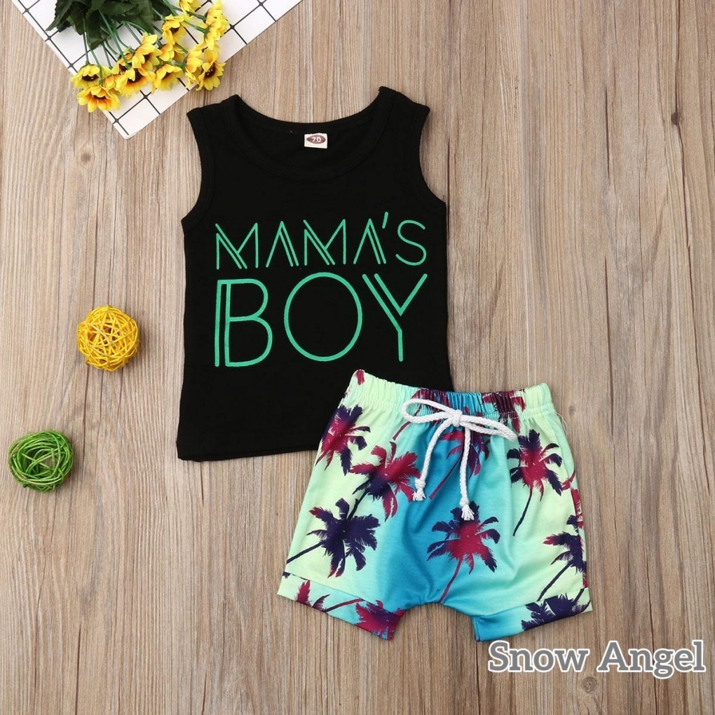 Toddler Baby Boy Summer Clothes Sleeve Letters Vest + Coconut Print Drawstring Shorts