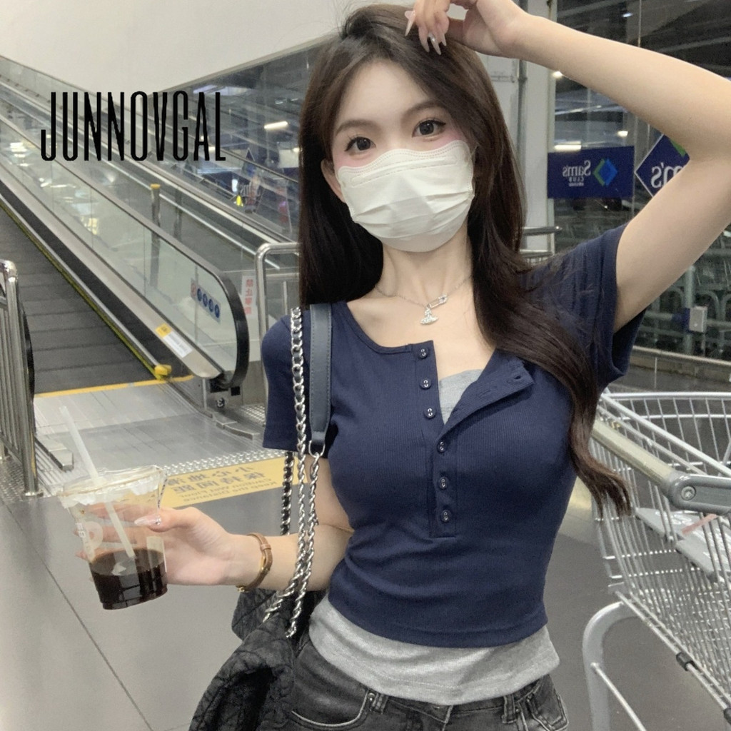 Junnovgal เสื้อยืดแขนสั้น สีพื้น เข้ากับทุกการแต่งกาย สําหรับผู้หญิง 2024