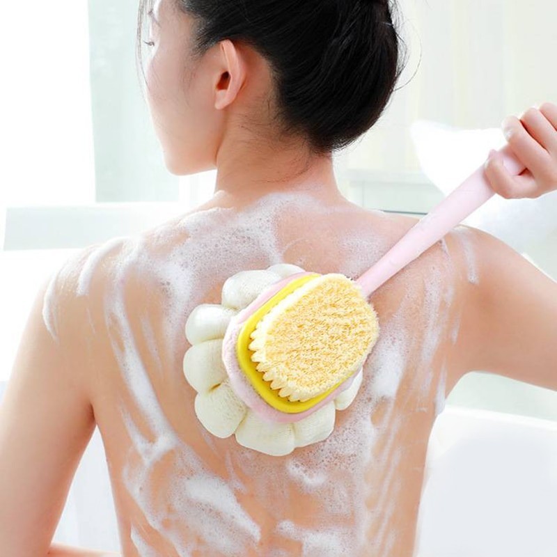 1 PC สีชมพูฟองน ้ ํายาวผมนุ ่ มแปรงอาบน ้ ํา Doubleside Rub แปรงอาบน ้ ํากลับ Scrubber Exfoliating เครื ่ องมือ