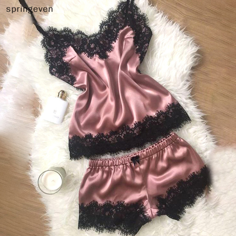 Springeven ชุดนอนสตรีสายคล้องคอ Nightgown ลูกไม้ Trim Cami Top ชุดนอน RFT