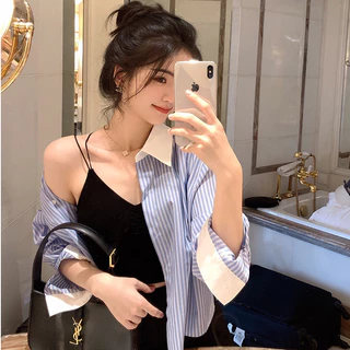 Bh เสื้อเชิ้ตแขนยาว คอปกโปโล ลายทาง สไตล์เกาหลี สําหรับผู้หญิง