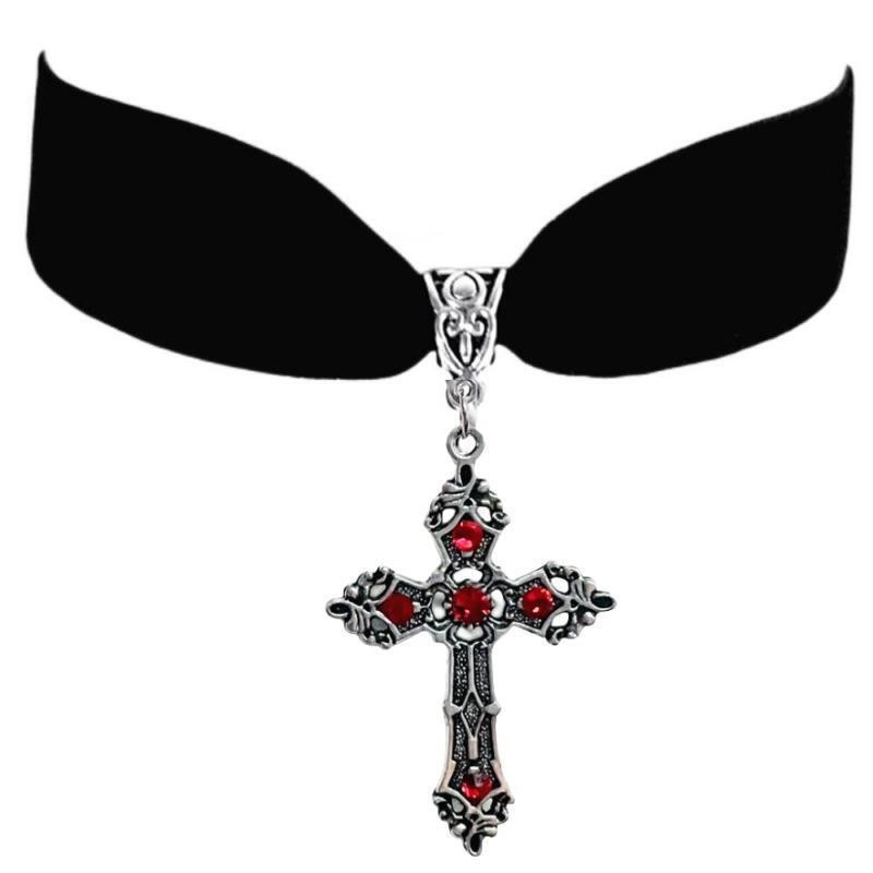 Gothic Cross Ruby จี้กํามะหยี่ Ball แฟชั่นหรูหรา Dark Stringing วงกลมสร้อยคอสั้น
