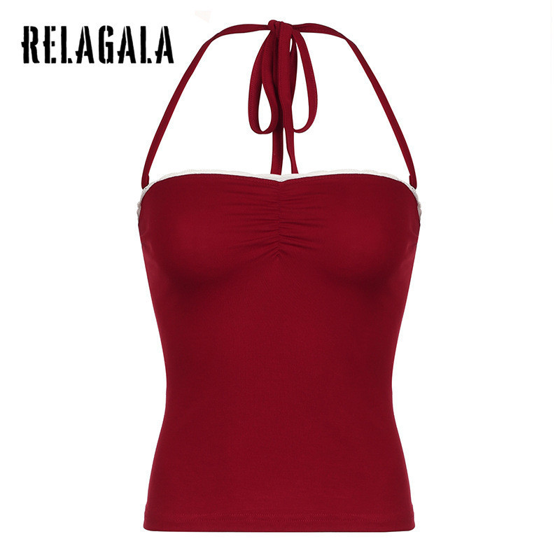 Relagala เสื้อครอปท็อปเซ็กซี่ เปิดหลัง ขอบลูกไม้ สีตัดกัน สําหรับผู้หญิง 2024