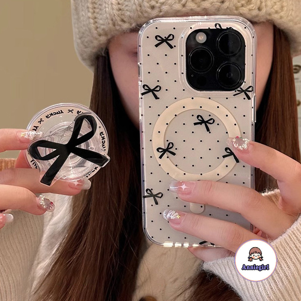 เคสโทรศัพท์มือถืออะคริลิค แบบแข็ง ประดับโบว์ สีดํา กันฝุ่น สําหรับ IPhone 11 15 14 Pro Max 12pro 13 Promax XS XR 7 8plus