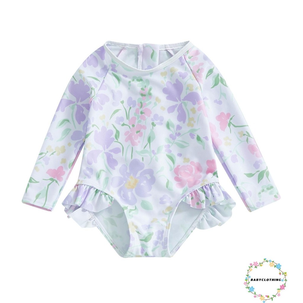 Babyclothes-toddler Girls Rash Guard ชุดว่ายน้ําลายดอกไม้แขนยาวลูกเรือคอชุดว่ายน้ําเด็กผู้หญิง