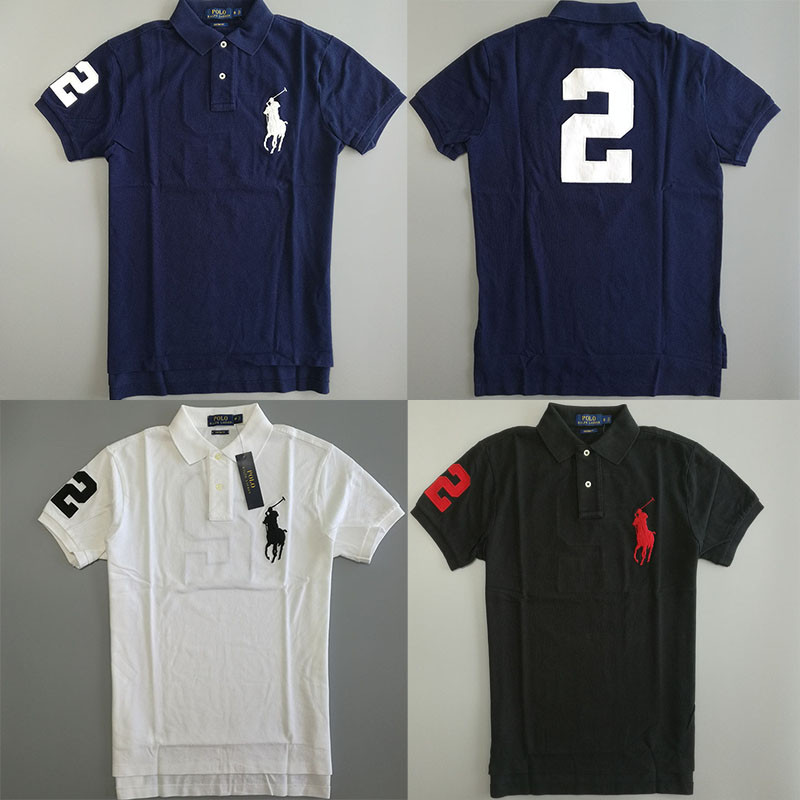 เสื้อโปโลแขนสั้นพิมพ์ลายโลโก้ม้าสีทึบใหม่ของ ราล์ฟลอเรน