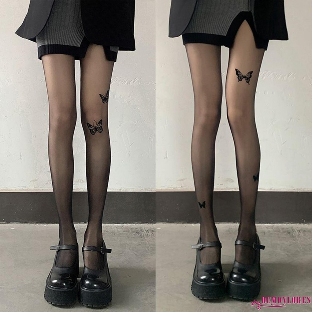 Demonlores-ผู้หญิงฤดูร้อน Sheer Tights เอวสูงผีเสื้อพิมพ์ Pantyhose ต้นขาสูงถุงน่อง