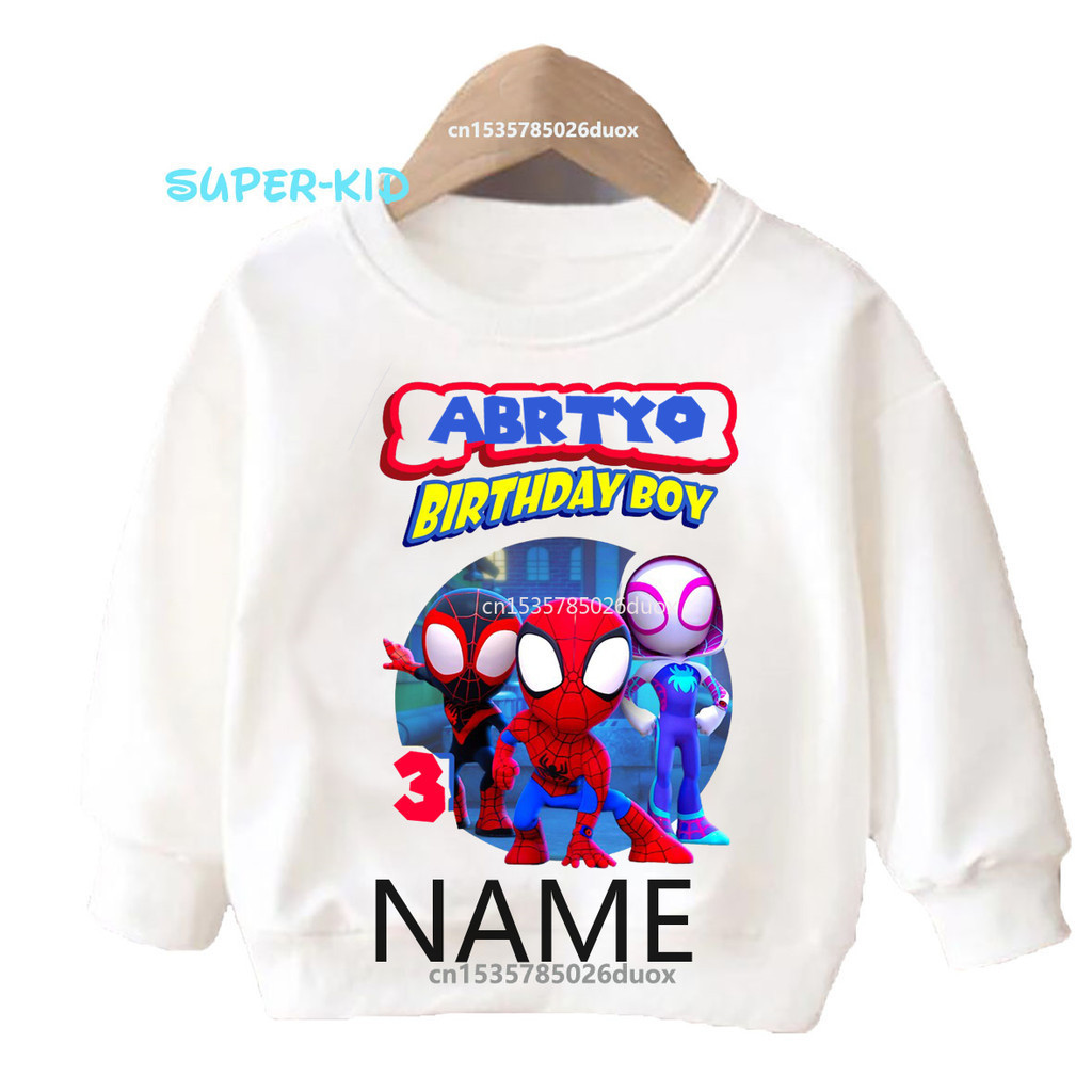ใหม่น่ารักฤดูใบไม้ผลิ 2024 เด็กที่น่าตื่นตาตื่นใจ Spider-man วันเกิด Hoodies ปรับแต่งชื่อเด็กเสื้อกั