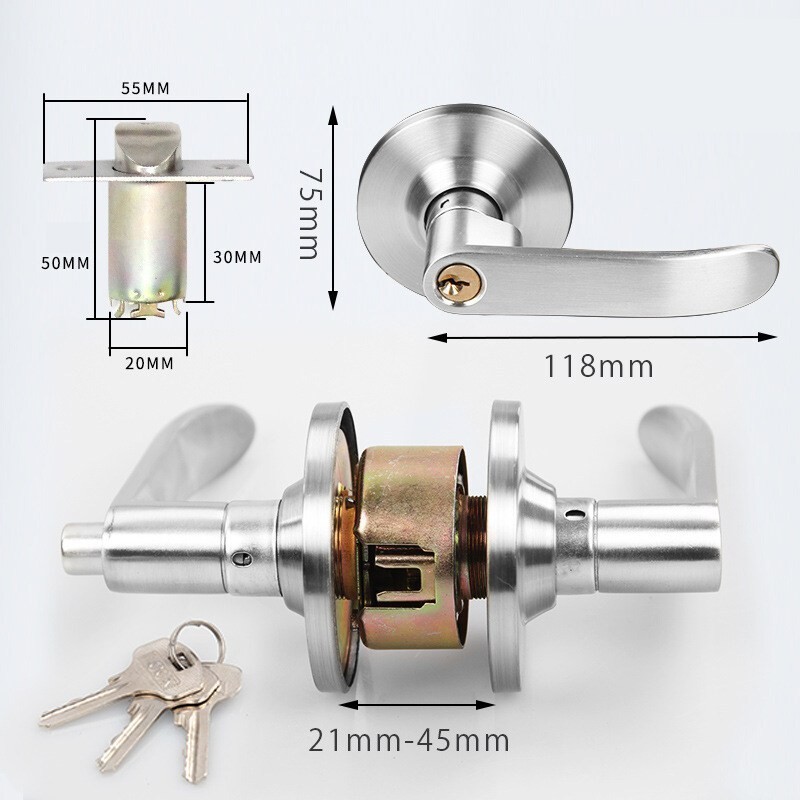 ลูกบิดก้านโยก ก้านโยกเปิด-ปิดประตู พร้อมล็อคในตัว กุญแจ2ชุด ครบชุด ก้านโยกสแตนเลส สีเงิน ความหนาของประตู 45-65 มม - รูปที่ 7