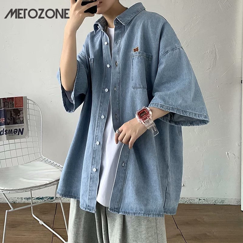 Metozone ใหม่ เสื้อเชิ้ตยีน แขนสั้น สไตล์ฮาราจูกุ แฟชั่นฤดูร้อน สําหรับเด็ก