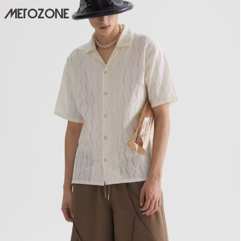 Metozone เสื้อเชิ้ตถัก แขนสั้น ทรงหลวม สีขาว ออกแบบกลวง เหมาะกับฤดูร้อน สําหรับผู้ชาย และผู้หญิง