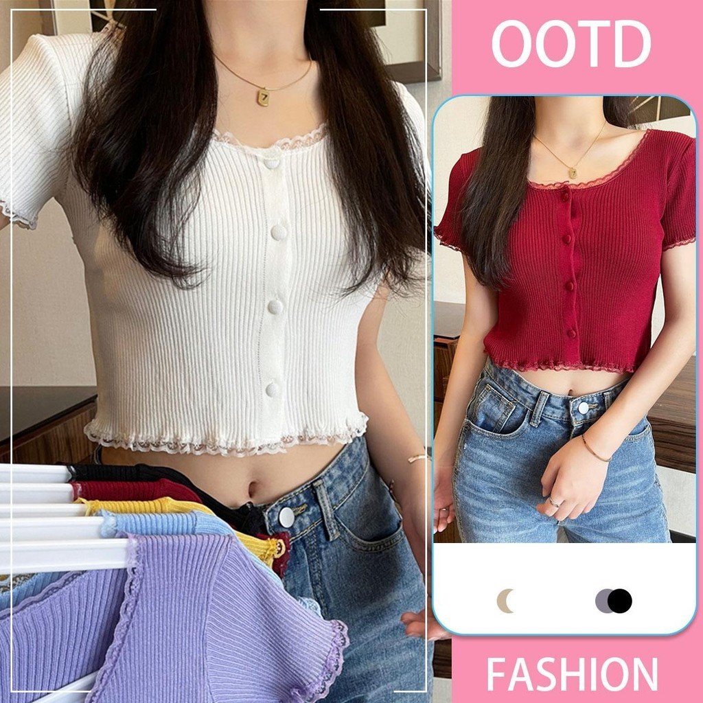 KOKO 3782❤️เสื้อครอปแขนสั้น คอกลมหยัก ครอปน่ารัก แต่ระบายขอบเสื้อ 6color