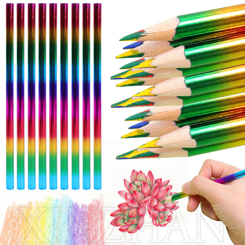 ดินสอสีรุ้ง 4 สี - ดินสอสีไม้ ที่มีสีสัน - ดินสอสีไล่ระดับสีเข้มข้น - อุปกรณ์เครื่องเขียนของโรงเรียน - ดินสอวาดภาพกราฟฟิตี ศิลปะ ร่างภาพ