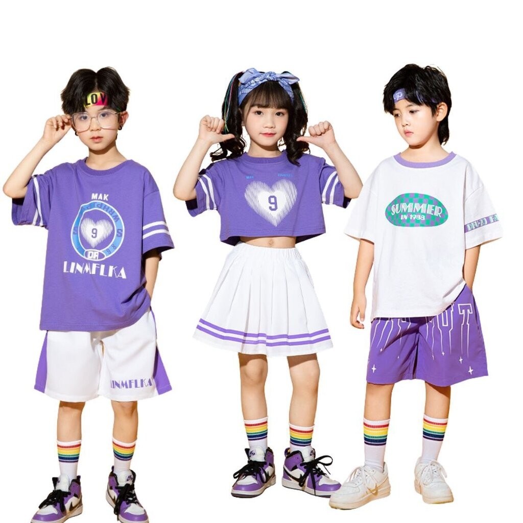 ชุดเต้น ชุดแดนซ์ เซ็ตเสื้อสีม่วง/ขาว+กางเกงขาสั้น/กระโปรง