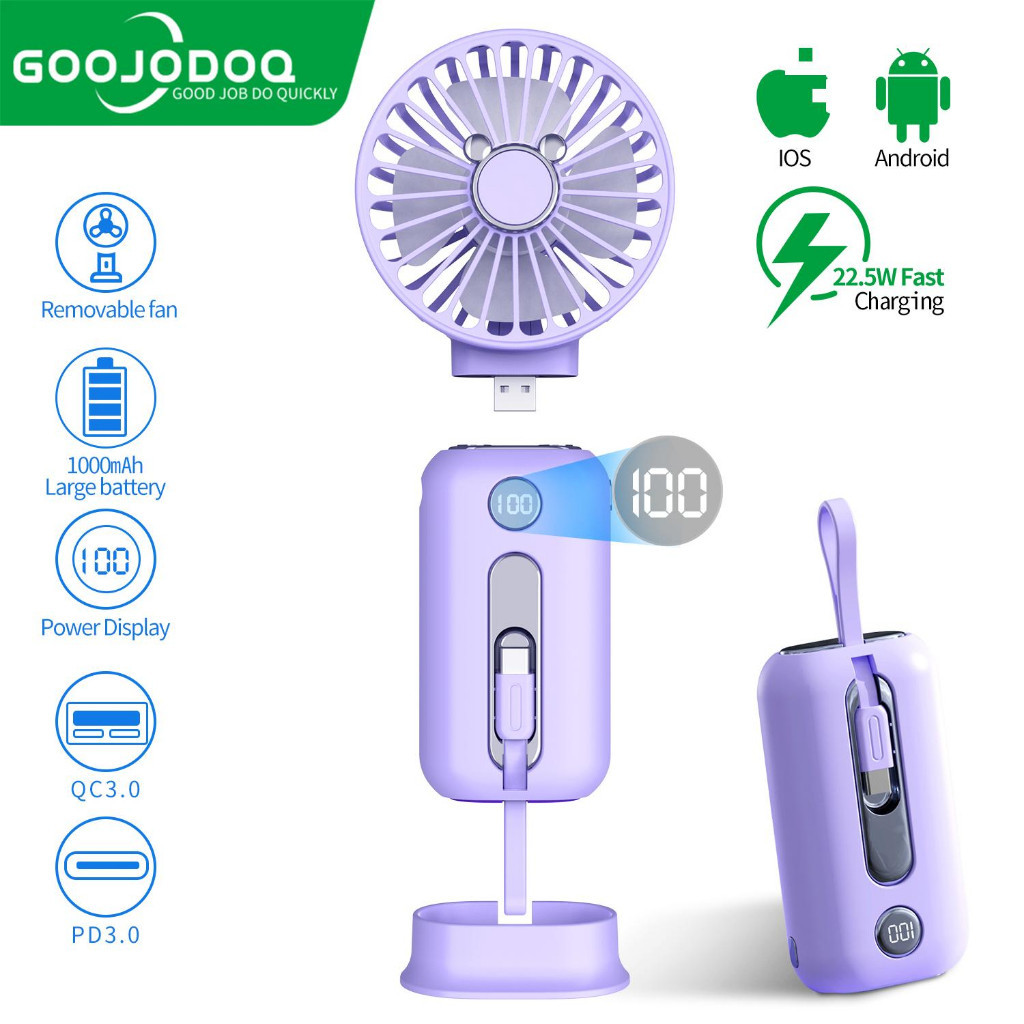 GOOJODOQ พาวเวอร์แบงค์พัดลม ขนาดเล็ก 10000mAh Type C ชาร์จเร็ว รองรับ iPhone PD ด้วยสายเคเบิล