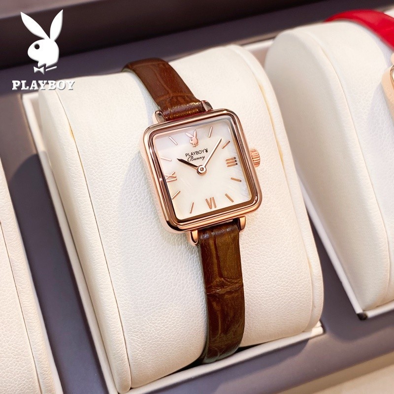 PLAYBOY นาฬิกาข้อมือผู้หญิง หน้าปัดสี่เหลี่ยม นาฬิกาสายหนังแท้ กันน้ำ100% นาฬิกาแบรนด์เนม แท้จริง 2060