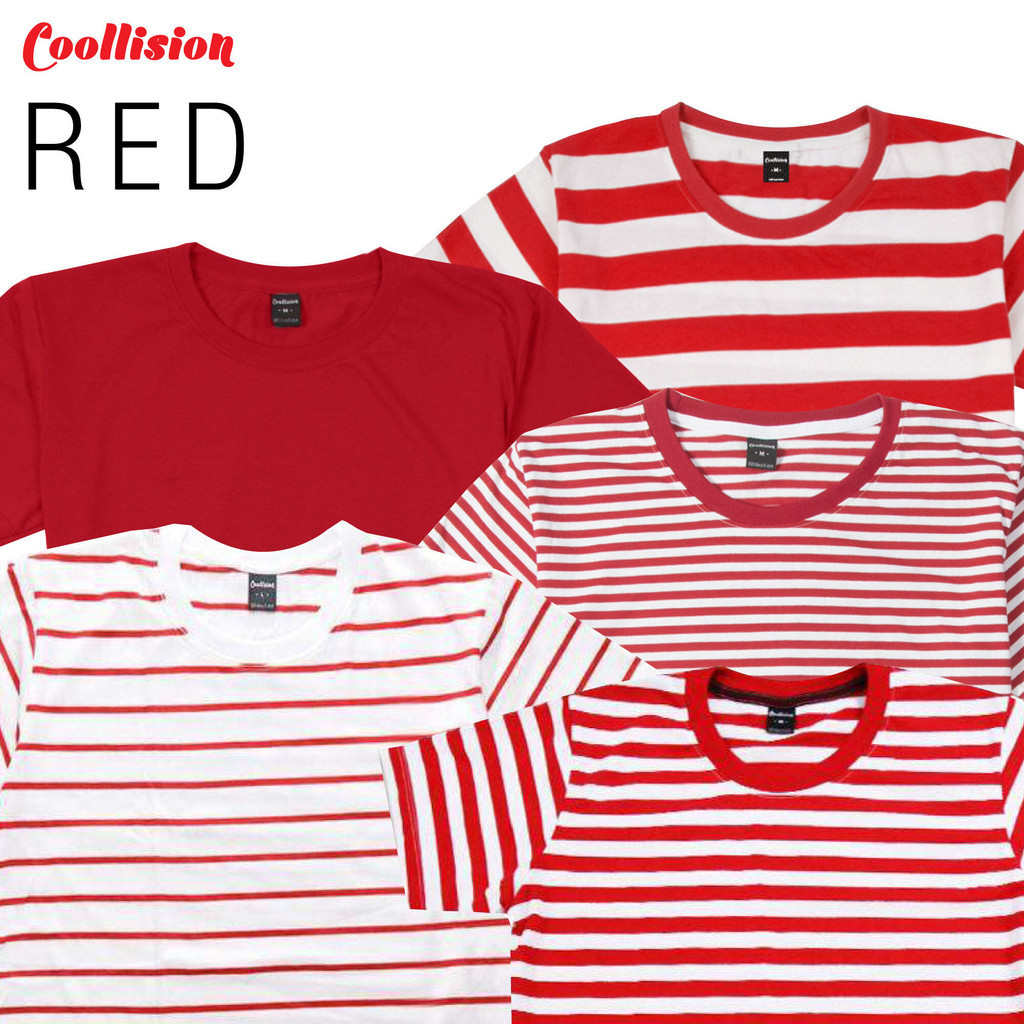#Coollision-รวมสีแดง ALL-RED.-รวมเสื้อลายทางแดง เสื้อยืดลายทางแขนสั้นคอกลม unisex ผ้าไม่ลื่นสีไม่ตก