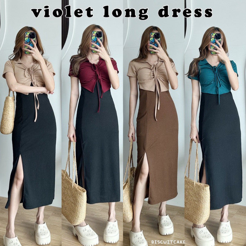 BKL พร้อมส่งในไทย VIOLET DRESS ชุดเดรสแขนสั้นคอปกตัวยาวทูโทน มีเชือกรูดกลางอก ผ้าท็อปทวิล มีปลายทาง 