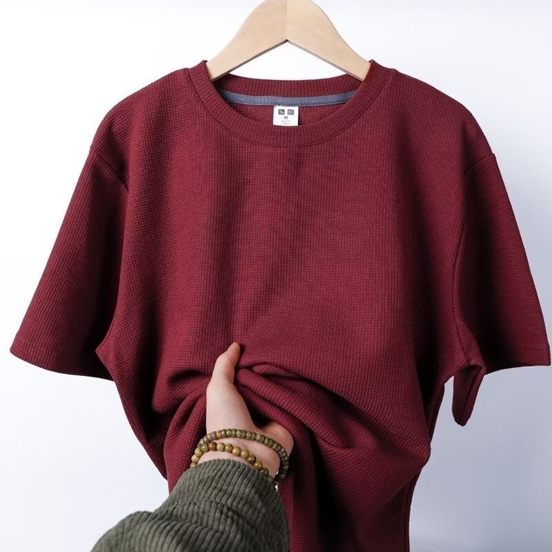 [15 สี] M-3XL เสื้อยืดแขนสั้นลําลอง คอกลม ทรงหลวม ลายวาฟเฟิล สไตล์ญี่ปุ่น เรโทร เหมาะกับฤดูร้อน สําหรับผู้ชาย