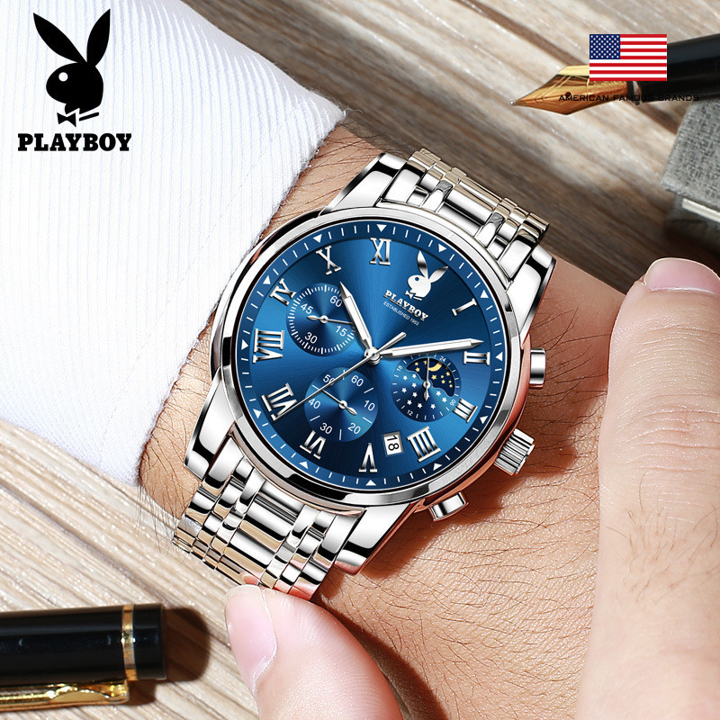 Playboy 3026 นาฬิกาข้อมือผู้ชาย กันน้ํา ของแท้ 100% พร้อมกล่อง นาฬิกาเรืองแสง วันที่ สายสแตนเลส รับประกัน 2 ปี