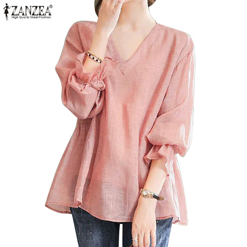 Zanzea เสื้อเบลาส์ คอวี แขน 3/4 ลําลอง ทรงหลวม สีพื้น สไตล์เกาหลี สําหรับผู้หญิง