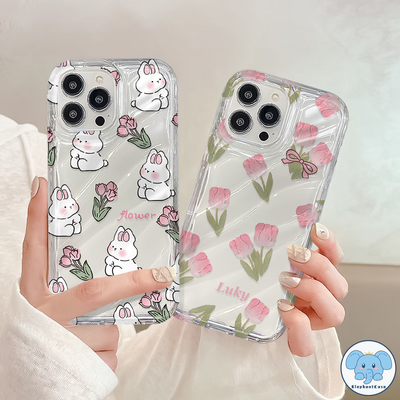 โชคดีสีชมพูดอกทิวลิปน่ารักกระต่ายเลเซอร์นามบัตรกรณี IPhone 7Plus XR 11 12 15 13 14 Pro Max X XS Max 8 7 15 14 Plus SE