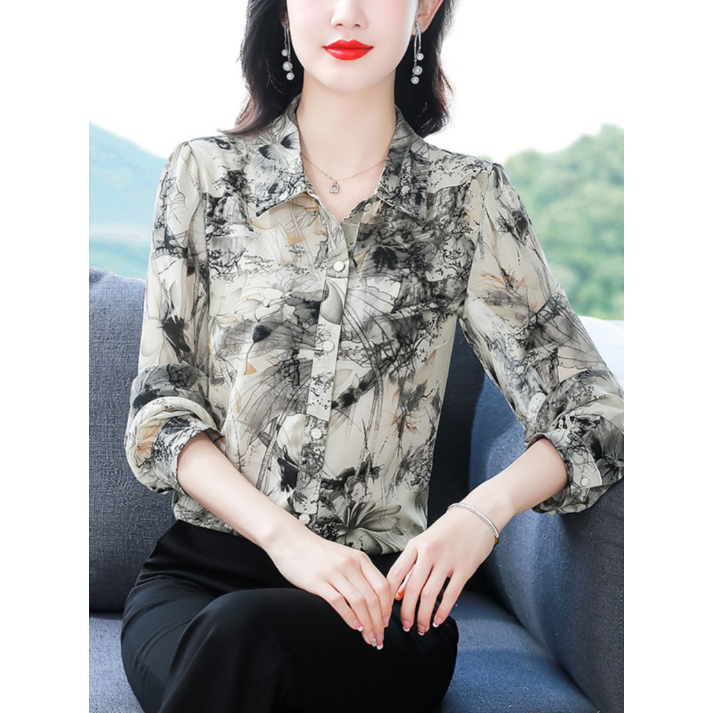 เสื้อเชิ้ตแขนยาว ผ้าชีฟอง พิมพ์ลาย แฟชั่นฤดูใบไม้ผลิ และฤดูใบไม้ร่วง สําหรับผู้หญิง 2024