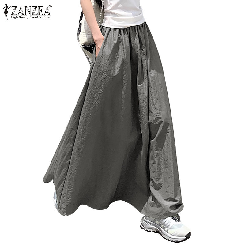 Zanzea ผู้หญิง เกาหลี หลวม เอวยางยืด พร้อมกระเป๋า สตรีทแฟชั่น กระโปรงยาว