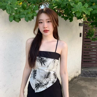 Aurora 🛒พร้อมส่ง🚚 (รูปถ่ายจากงานจริง) เสื้อสายเดี่ยว มีฟองน้ำ ลายใบไม้ สม็อคหลัง สีขาวดำครีม ดีเทลชาย ดูแพง bratop2280